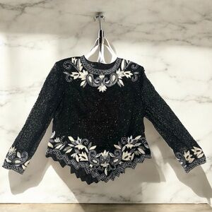 Vintage Laurence Kazar Silk Black & White Beaded Embroidered Blouse Size PXL